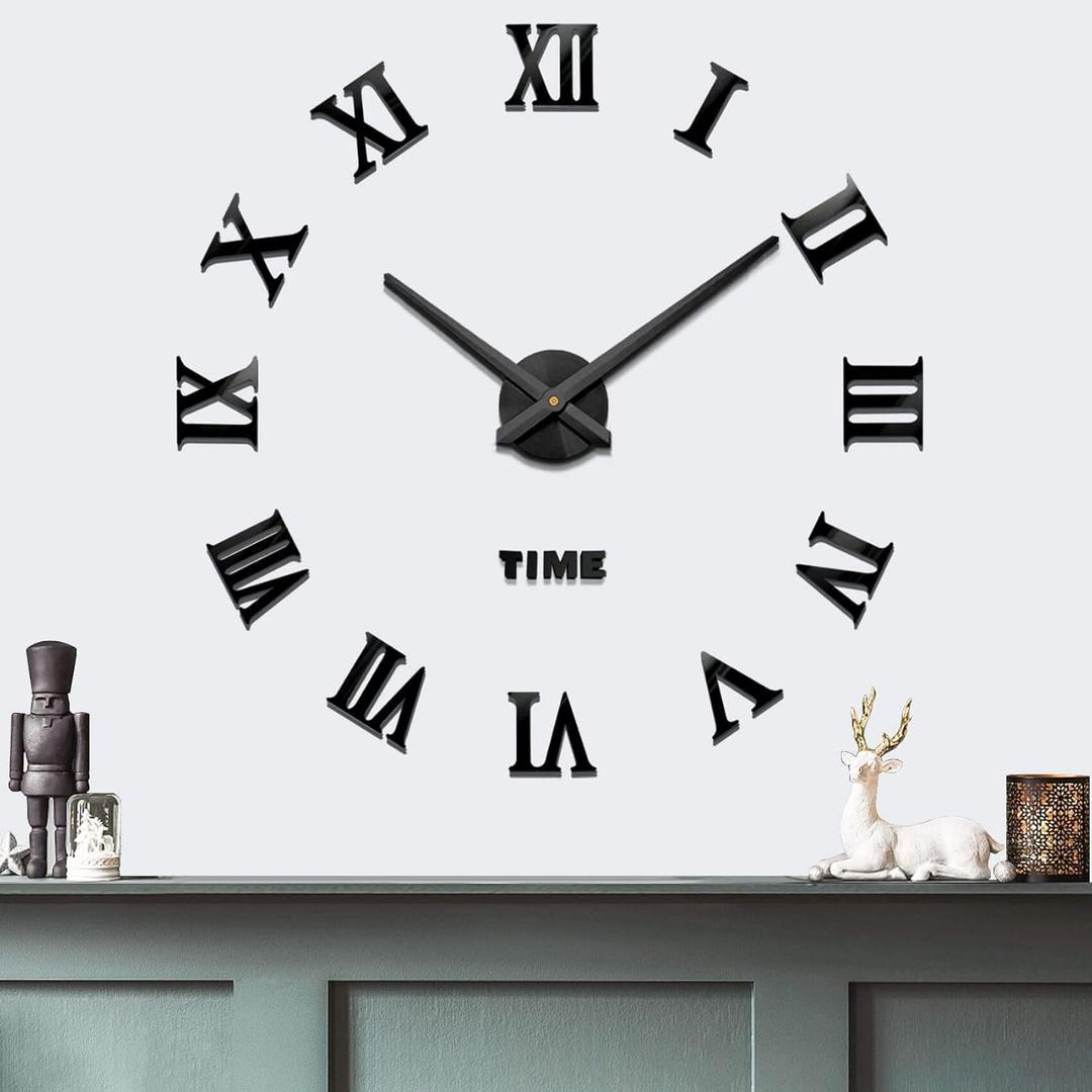 Mintime Modern Frameless DIY Wall Clock Large 3D Wall Watch Mirror Numbers for Home Office Decorations, Black