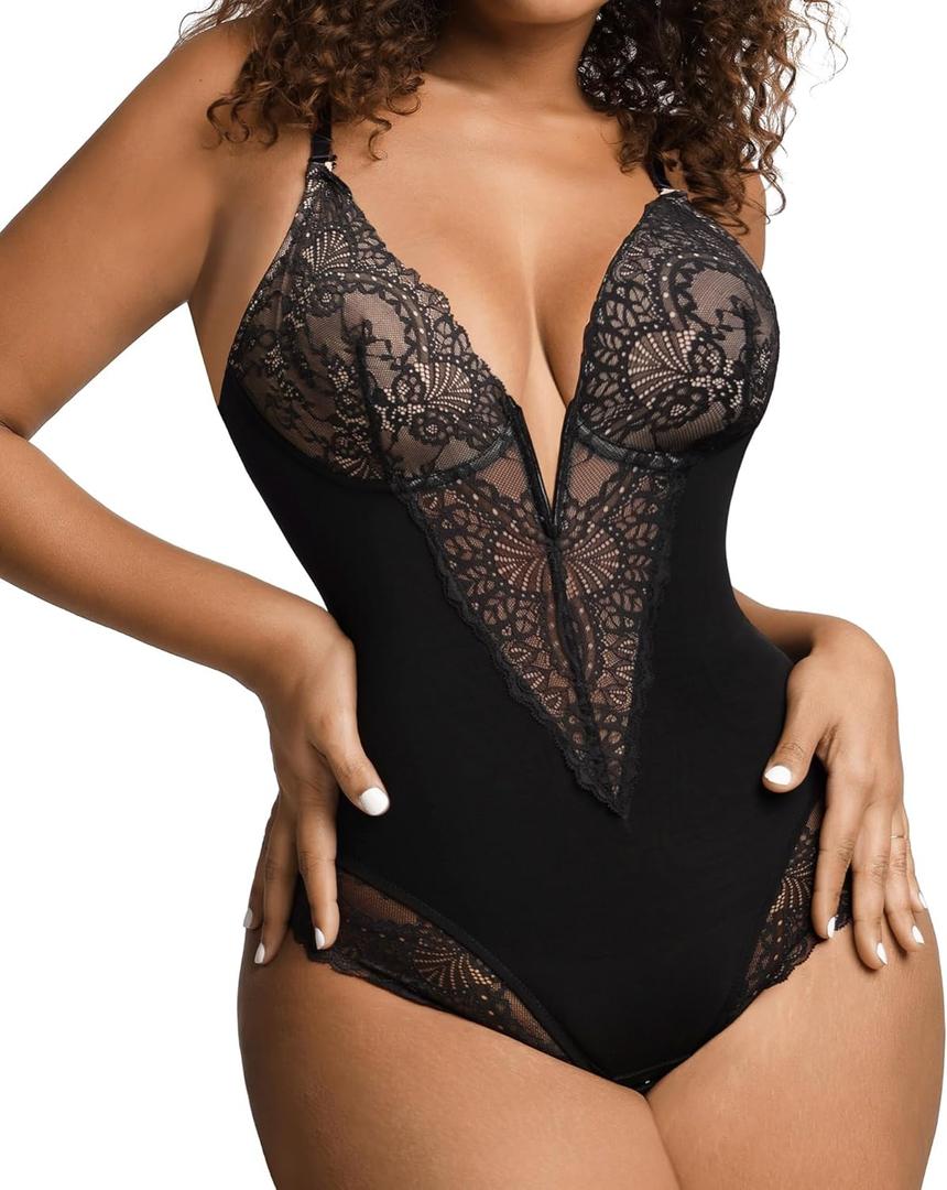 Popilush Lace Shapewear Bodysuit Tummy Control Corset Tops V Neck Sleeveless Backless Body Suit Thongs (L (4-6), Black)