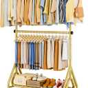 Double Rods Clothing Rack, Heavy Duty Clothes Rack for Hanging Clothes Load 560LBS, Metal Rolling Garment Racks with Wheels, Freestanding Clothes Hanging Racks, Gold