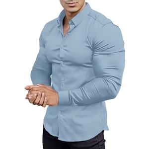 Mens Muscle Fit Dress Shirts Athletic Slim Fit Long Sleeve Stretch Casual Button Down Shirt (Blue, L)
