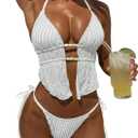 ZAFUL Halter Swimsuits for Women Textured Backless 2 Piece Bathing Suits Cheeky High Cut String Tie Side Bikini Sets, Large