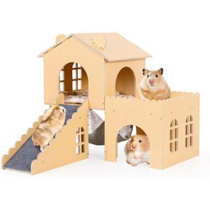 Guinea Pig Hideout with Hammock & Ramp Multi-Level Wooden Small Animal House for Hamsters, Rabbits, Chinchillas | Easy Assembly Guinea Pig Cages