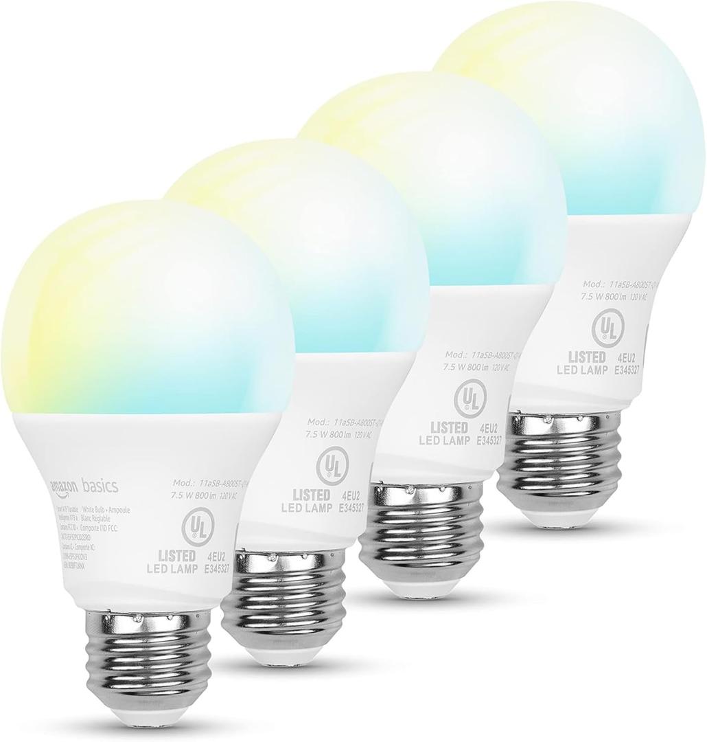 Amazon Basics Smart Indoor LED Light Bulb, Sunset-to-Midnight Activated, Works with Alexa Only, Tunable White, 7.5 W, 4-Pack