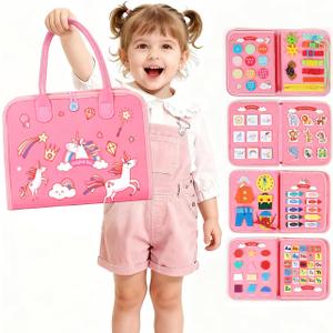 Toddler Montessori Busy Board Toys for Little Girl Gifts: Educational Preschool Learning Travel Toys, Busy Book Learning Sensory Toys for Toddler Girls, Girls Unicorn Christmas Birthday Gifts (Pink)