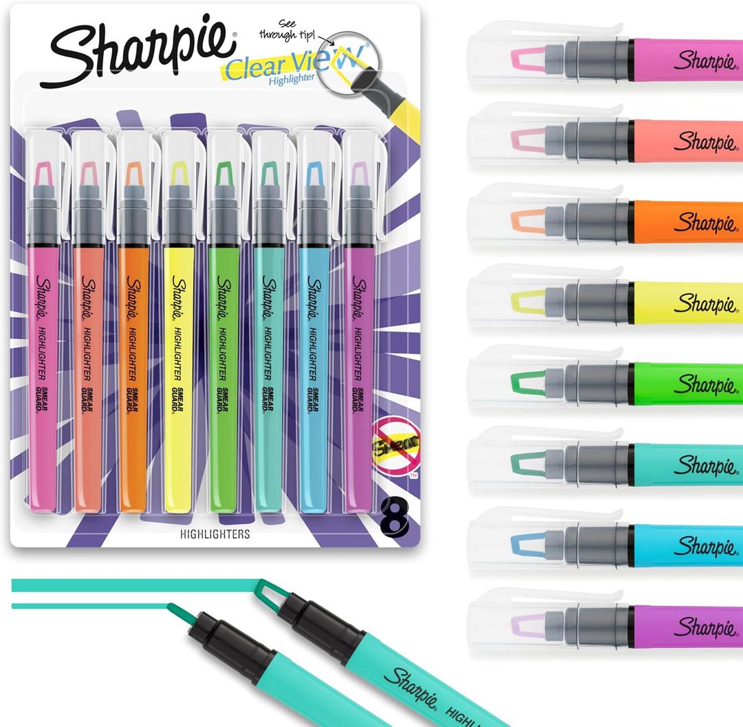 Sharpie Clear View Highlighter Sticks, Chisel Tip, Assorted , 8 Count - School, Home, and Office Use, Teacher Supplies