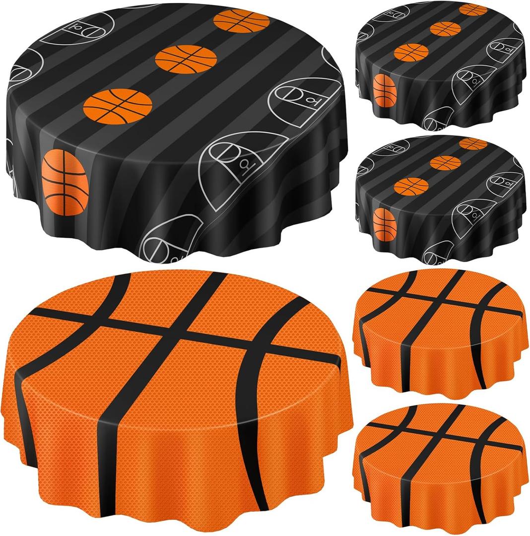 Funnymoom 6 Pack Round Basketball Tablecloth 84 Inch Plastic Basketball Party Decorations Disposable Table Cloth Washable Disposable Circle Table Cover for Birthday Party Supplies Decoration