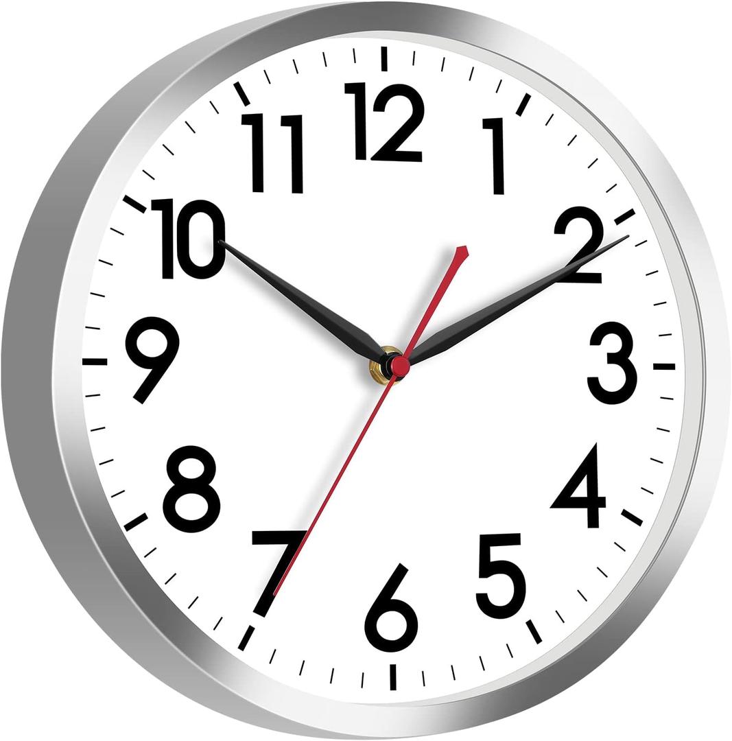 AKCISOT Wall Clock 12 Inch Silent Wall Clocks Battery Operated Non Ticking - Modern Silver Clock Decorative for Kitchen, Bathroom, Bedroom, Living Room, Office, Home