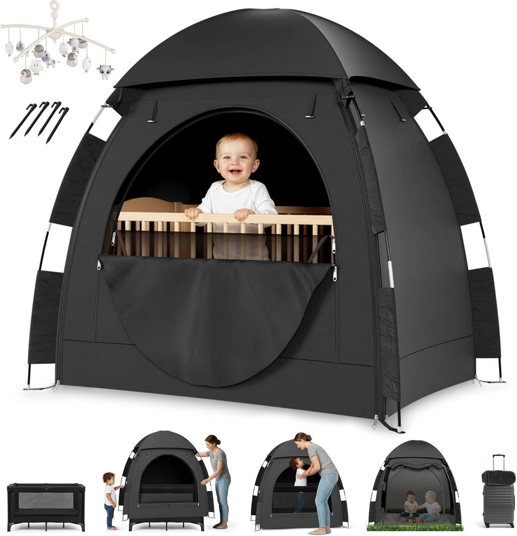 YoungMinds Blackout Baby Crib Tent - Waterproof Sleep Pod Fits for Travel Pack and Play, Milk Silk Fabric, Kids Black Out Cover Mosquito Net Tent with Toy Holder, Pack N Play Canopy Blocks Light