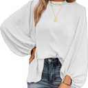 SHEWIN Womens Blouses Dressy Casual Smocked Tops Crew Neck Chiffon Long Sleeve Shirts Spring Outfits 2025 (White, L)