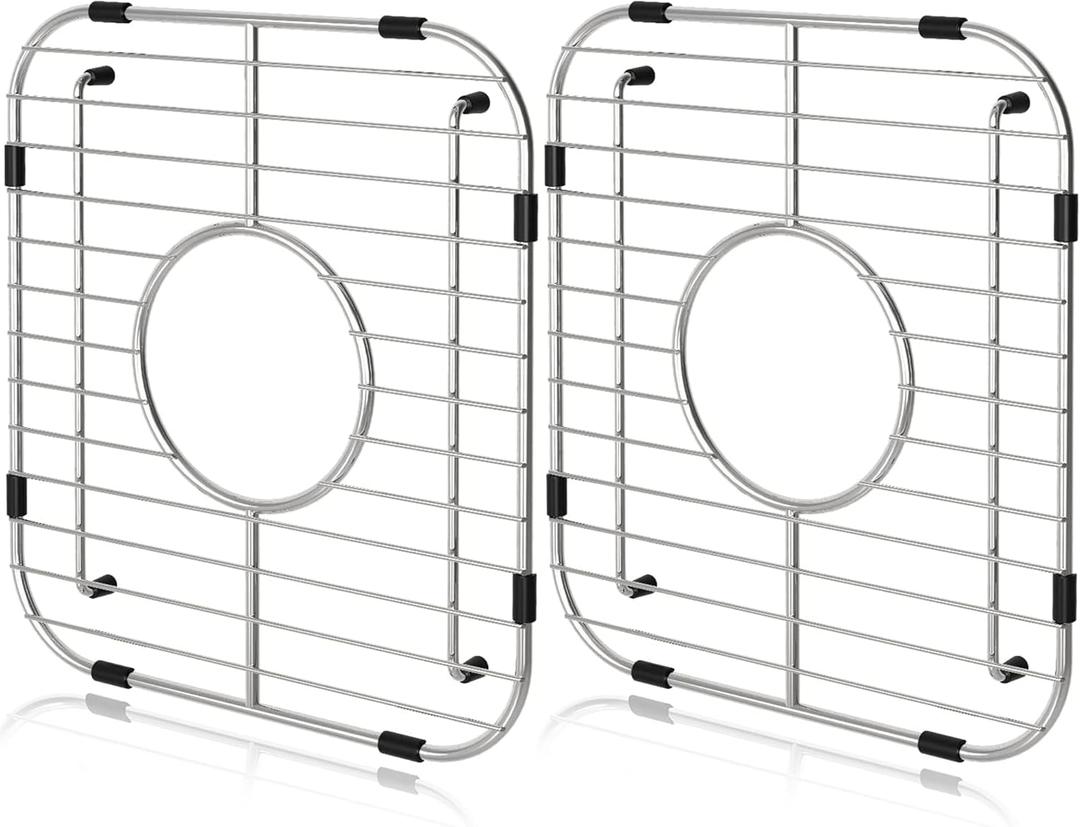 Orgneas Sink Protectors for Kitchen Sink, Universal Double Bowl Sink Bottom Grid 13.2"x11.6"x1.25", 304 Premium Stainless Steel Kitchen Sink Protector Grid Sink Grate Rack Centered Drain 2 Packs