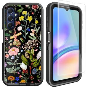 Compatible for Samsung Galaxy A15 5G Case with Screen Protector [Military Grade Protection] Cute Floral Design Heavy Duty Shockproof Case for Girls Women, Black Flowers
