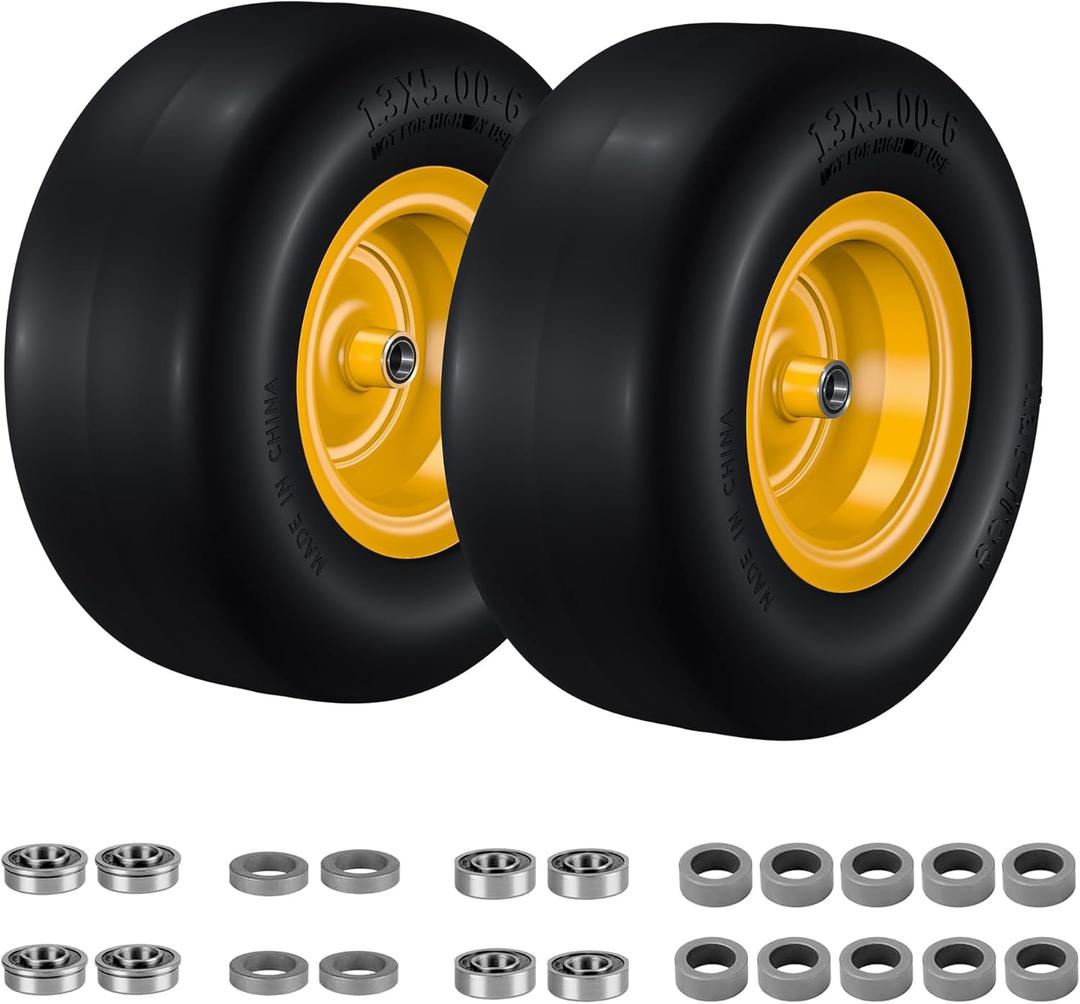 13x5.00-6 Flat-Free Solid Lawn Mower Tires 2-Pack | 500 lbs Capacity | 3/4" & 5/8" Bearing/Bushing | Fits Zero Turn Front, Riding Mowers & Tractors | Residential/Commercial Yellow Wheels
