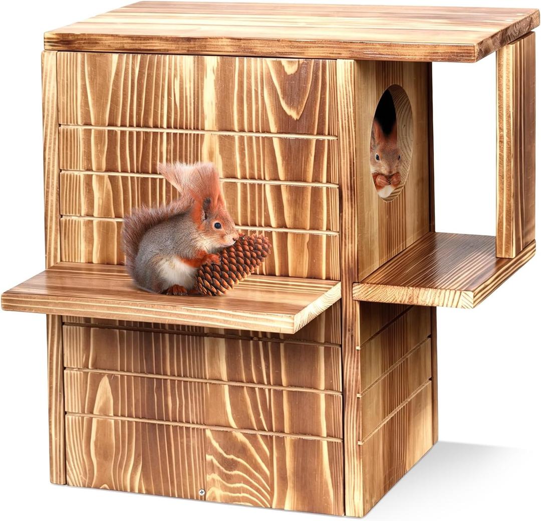Wooden Squirrel House for Outside, Carbonizedpine Wood Outdoor Chipmunk House with Predator Guard & Easy-Clean Front Door, Large Weatherproof Squirrel Nesting Box for Tree Winter Squirrel Shelter