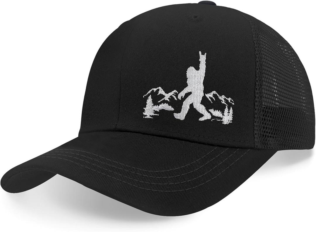 Bigfoot Trucker Hat for Men, Big Foot Sasquatch Gifts, Adjustable Embroidered Bigfoot Baseball Cap Black (Medium-Large)
