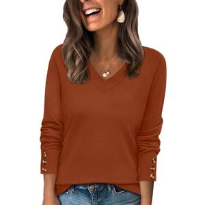 WIHOLL Lightweight Sweaters for Women Long Sleeve V Neck Knit Outfits with Decorative Buttons (Medium, Caramel)