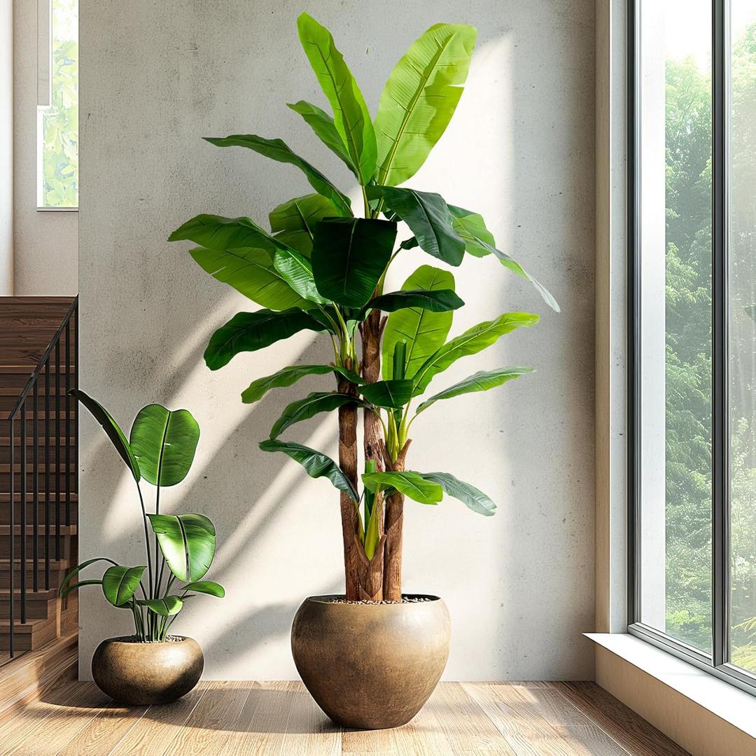8.2FT Artificial Banana Tree Tall Fake Banana Leaf Plant Faux Banana Silk Tree Faux Banana Leaves for Home Swimming Pool Indoor Outdoor Patio Tropical Decor