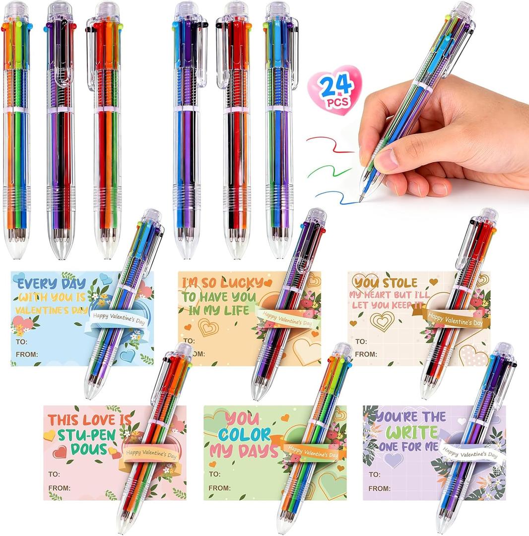 2 x 24 Pcs Valentines Day 6-In-1 Multicolor Retractable Ballpoint Pens Bulk with Cards Party Favors School Office Gifts Exchange Classroom Rewards Goodie Bags for Kids Students Teachers Teens Adults