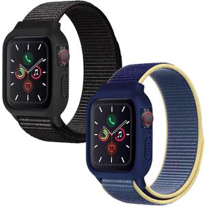 Band with Case Compatible with Kids Apple Watch Band 46mm 45mm 42mm 41mm 44mm 40mm, Protective Silicone Bumper with Sport Loop Nylon Strap for Series 10/9/8/7/6/5/4/SE2/SE for Boys Girls (Black+Yellow Blue)