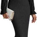 LYANER Women's Elegant Contrast Lace Long Sleeve Ribbed Knit Slit Slim Midi Bodycon Dress (Large, Black)