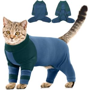 Sticky Hair Cat Clothes, Four-Leg Long Sleeve Cat Pajamas, Prevent Fur Shedding Kitten Onesie Shirts, Surgery Recovery Suit for Male Female, Wound Protection & Preventing Lickin