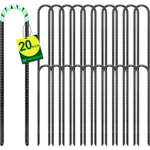 Maygrove 12 Inch Rebar Stakes Heavy Duty 20 Pack, U Shaped Ground Stakes, Galvanized Steel Trampoline Stakes, Tent Anchor Kit Anti-Rust, Drip Hose Wind Stakes, Black