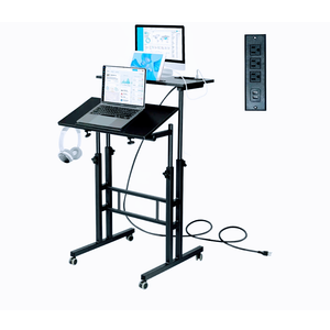 Hadulcet Mobile Standing Desk with Charging Station, Adjustable Standing Computer Desk, Standing Adjustable Laptop Cart with Wheels for Home Office Classroom Black