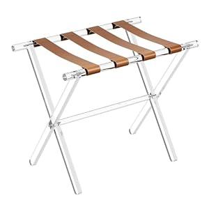 Sumerflos Acrylic Luggage Rack for Guest Room - Foldable Suitcase Stand with Leather Straps for Bedroom Living Room Hotel Heavy-Duty, Holds up to 50-100 lb lightweight Space Saving, Brown, 2 Pack
