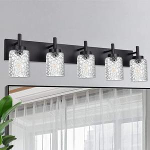 VINLUZ 5 Light Metal Vanity Wall Mounted Bathroom Lighting Fixture in Classic Matte Black with Clear Glass Shades for Hallway