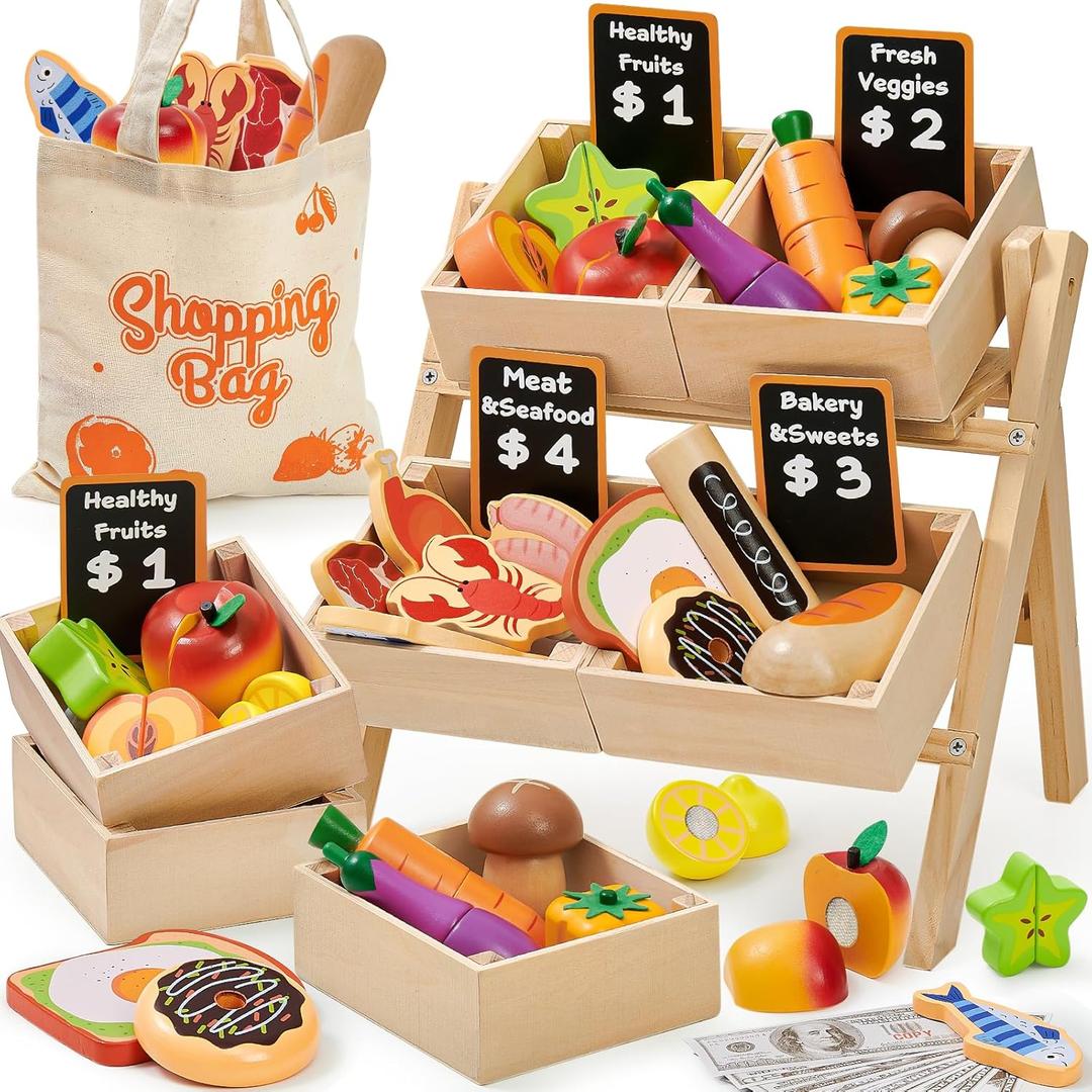 Toyssa Wooden Play Food Sets for Kids Kitchen, Play Toy Foods for Toddlers with Realistic Design & Shelf, Pretend Play Kitchen Accessories Christmas Birthday Gifts for Girls Boys 3 4 5 6 7 Years Old