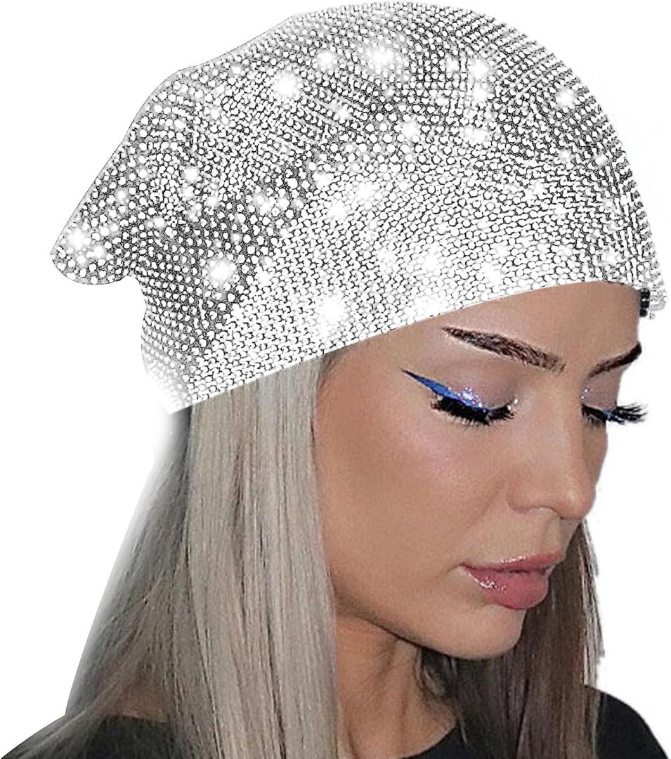 Sparkly Rhinestone Mesh Headband Crystal Head Scarf Kerchiefs Turban Party Nightclub Rave Edge Hair Bandana (Triangle-white)