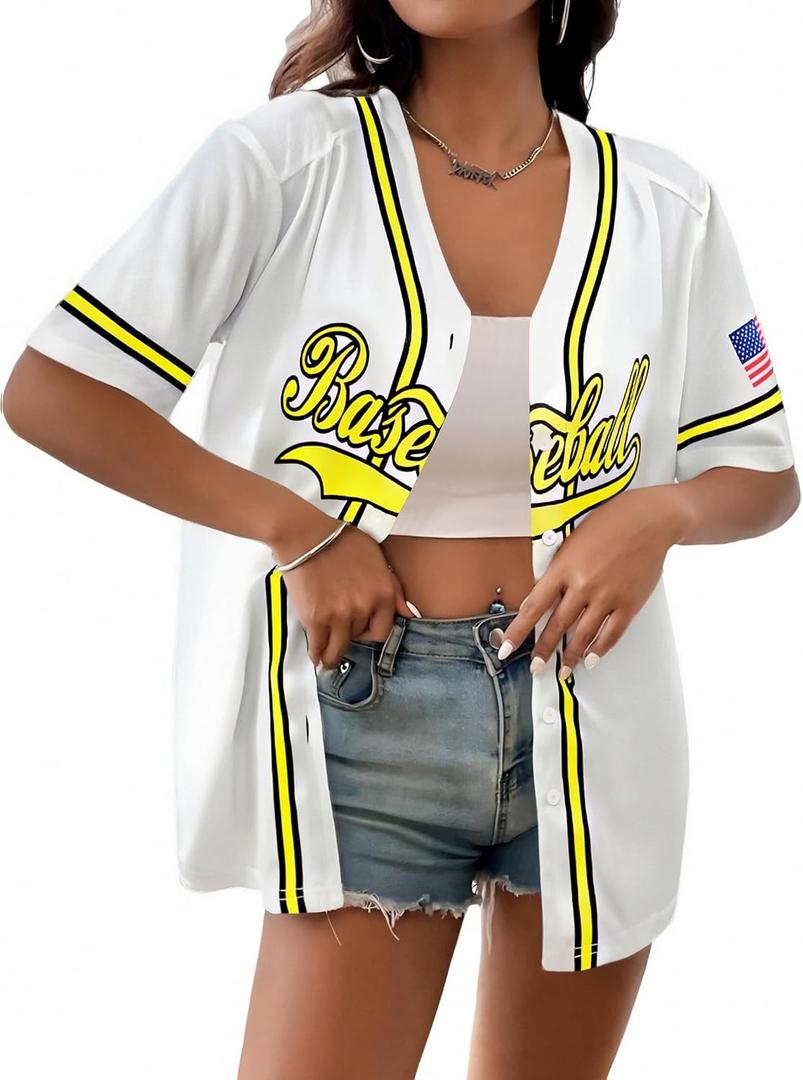 Baseball Shirt Jersey Women Baseball Player T-Shirt Game Day Fan Graphic Tees Button up Short Sleeve (White, S)