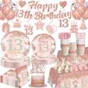 Pink 13th Birthday Decorations for Girls with Cake Topper, 25 Serves 13th Birthday Disposable Tableware Set, 2pcs Table Cloth, Banner, for Thirteen Birthday Decorations for Girls