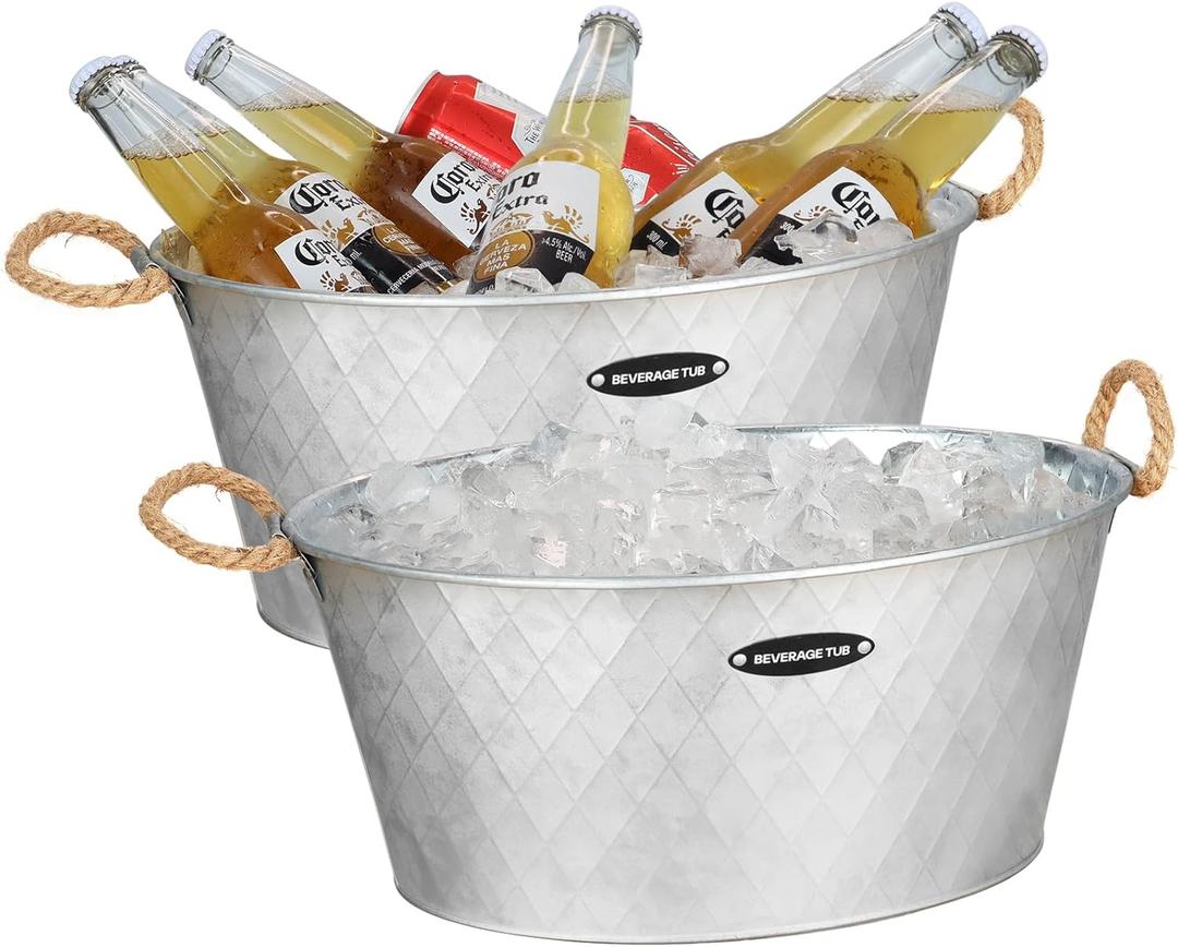 2 Pcs Beverage Bucket with Handles -IHOO Large Ice Buckets for Parties 3.5 Gallons (13.5 L) -Galvanized Drink Buckets for Indoor or Outdoor Bars 15.55" x 7.28"