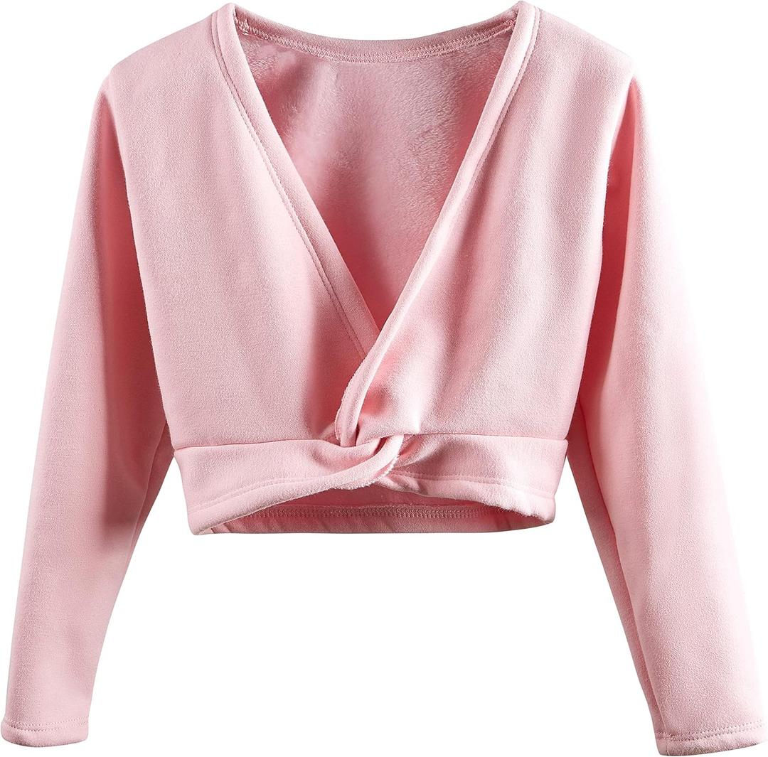 DANSHOW Girls Ballet Wrap Tops Kids Long Sleeve Dance Sweater,Velvet Inner (4-5T, Pink)