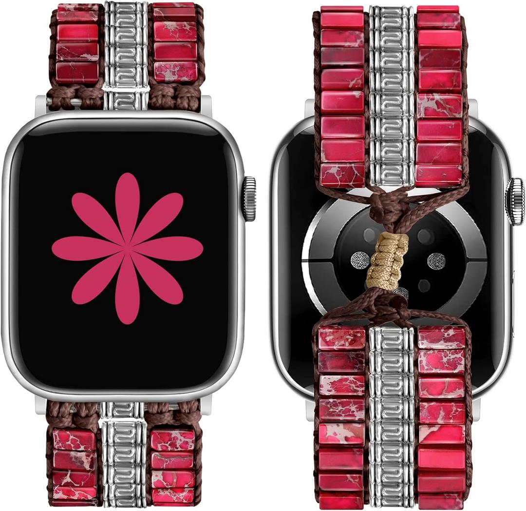 JR.DM Boho Beaded Natural Stone Bracelet for Women Compatible with Apple Watch Band 38/40/41/42/44/45/46/49mm, Adjustable Handmade Braided Rope Strap for iWatch Series 10/9/8/7/6/5/4/3/2/1/SE, Red
