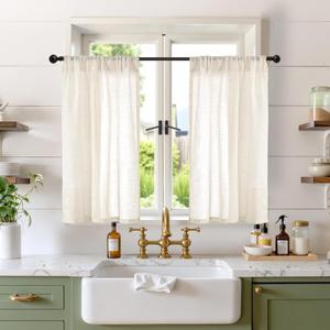 BGment Linen Kitchen Window Curtains 36 Inch Length for Over Sink - Beige Cafe Drapes Semi Sheer with Rod Pocket Light Filtering for Bathroom Small Window, 2 Panels, Each Panel 30 Inch Wide