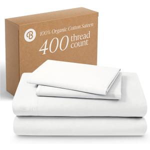 Bare Home 100% Organic Cotton Queen Sheet Set - 400 Thread Count - Smooth Sateen Weave - Breathable & Cooling - Hotel Luxury Set - Deep Pocket Bed Sheets (Queen, White)