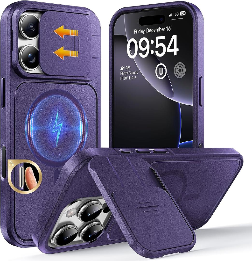 TOCOL for iPhone 16 Pro Max Case with Slide Camera Cover, Kickstand and Camera Control Button, Fit for MagSafe, Rugged Solid Phone Case, Non-Slip, Drop Protection, Midnight Purple