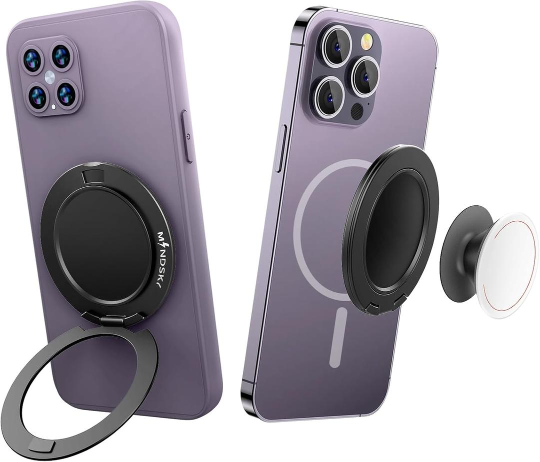 MINDSKY Dual-Sided Magnetic Phone Ring Holder Cell Phone Grip Stand Compatible with Magsafe Cases iPhone 12 13 14 15 Series (Dual Magnet)