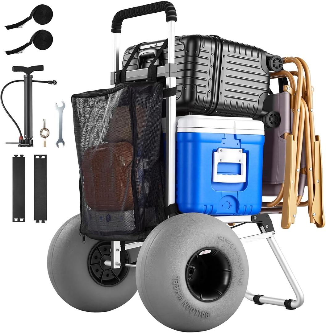 VEVOR Beach Dolly with Big Wheels for Sand, 20" x 15" Cargo Deck, Folding Sand Cart with 12" Balloon Wheels, 165 lbs Loading Capacity & 34" to 46" Adjustable Height, Heavy Duty Cart for Beach Camping