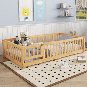 Bellemave Twin Floor Bed Frame with Slats and Safety Guardrail, Wood Twin Size Montessori Floor Bed with Door and Fence, Easy Assemble Montessori Beds for Kids, Girls, Boys, Natural