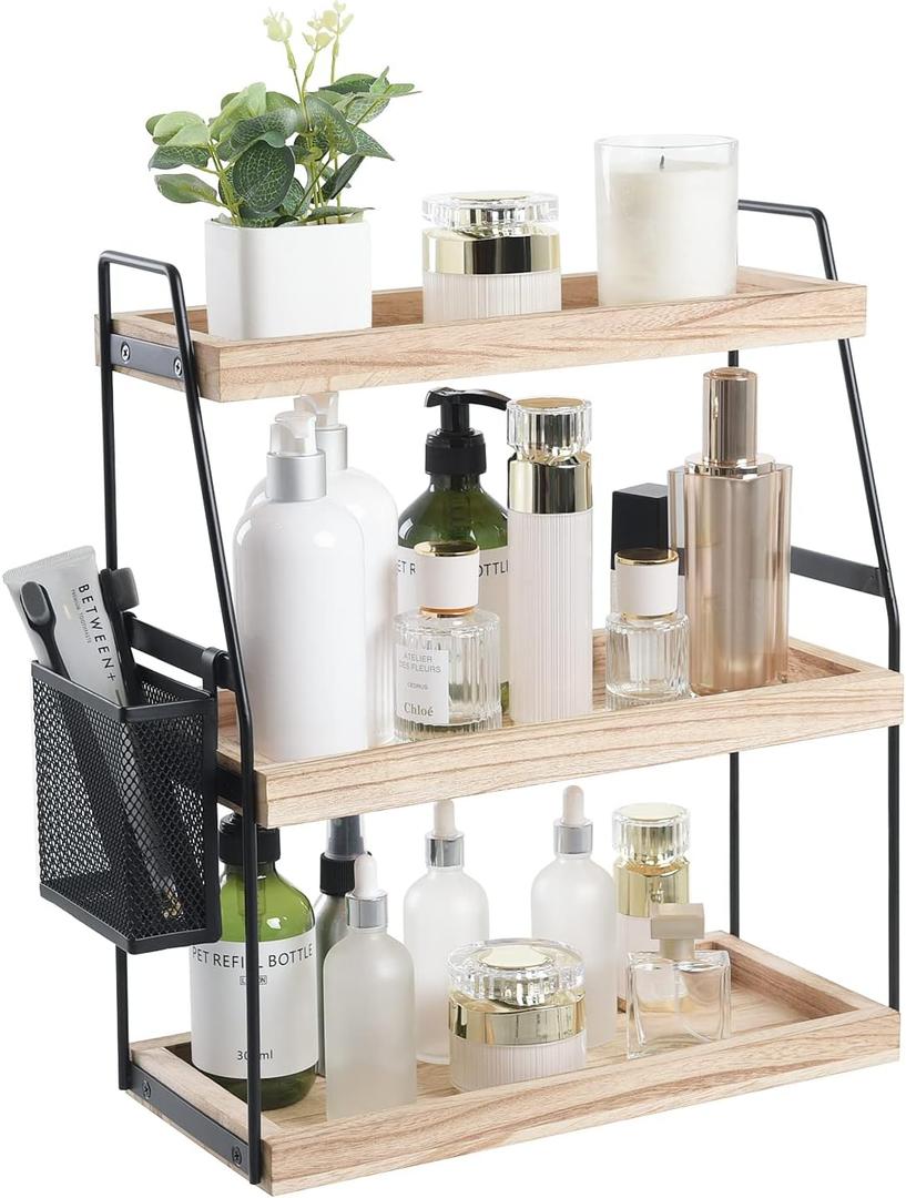 Bathroom Counter Organizer, 3Tier Standing Storage Shelf with Basket, Wood Tray for Skincare Vanity Organizer