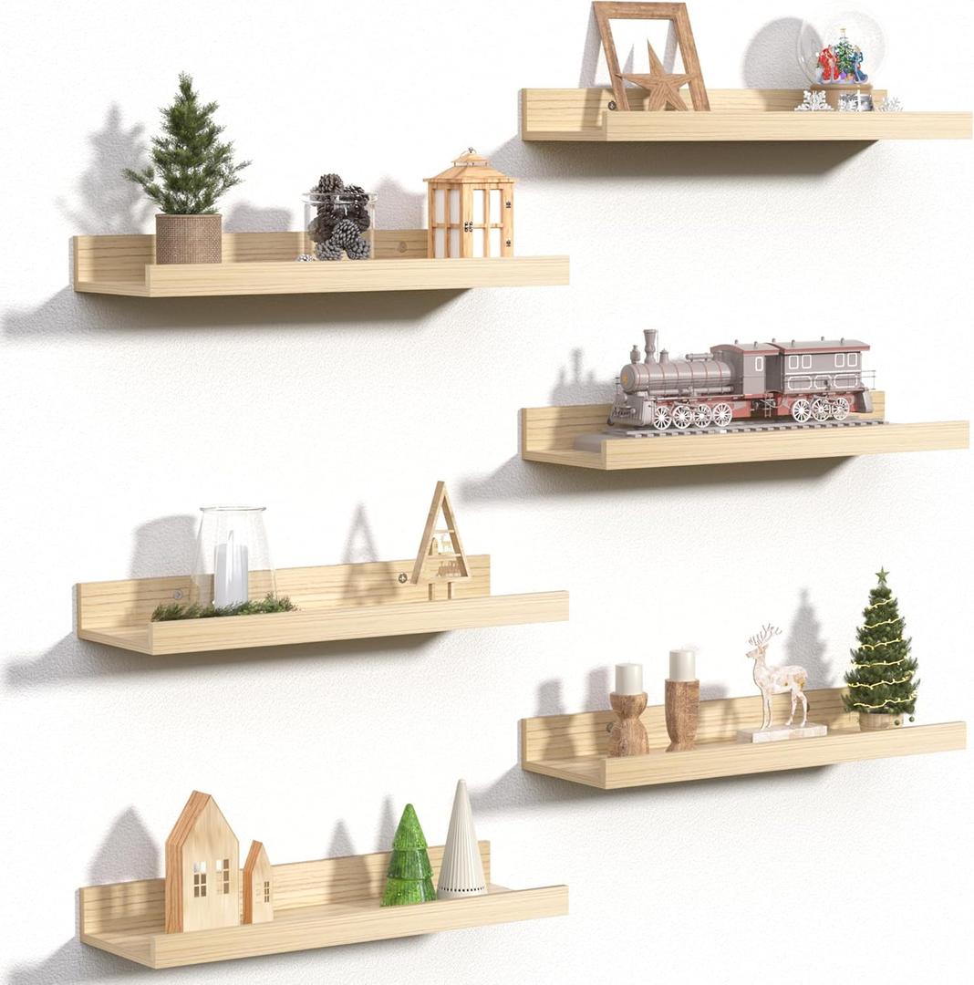upsimples Floating Shelves for Wall, Wall Shelves for Decor Storage Set of 6, Wall Mounted Wood Shelf for Bedroom, Living Room, Bathroom, Kitchen, Picture Ledge Shelves, Natural (15.7in)