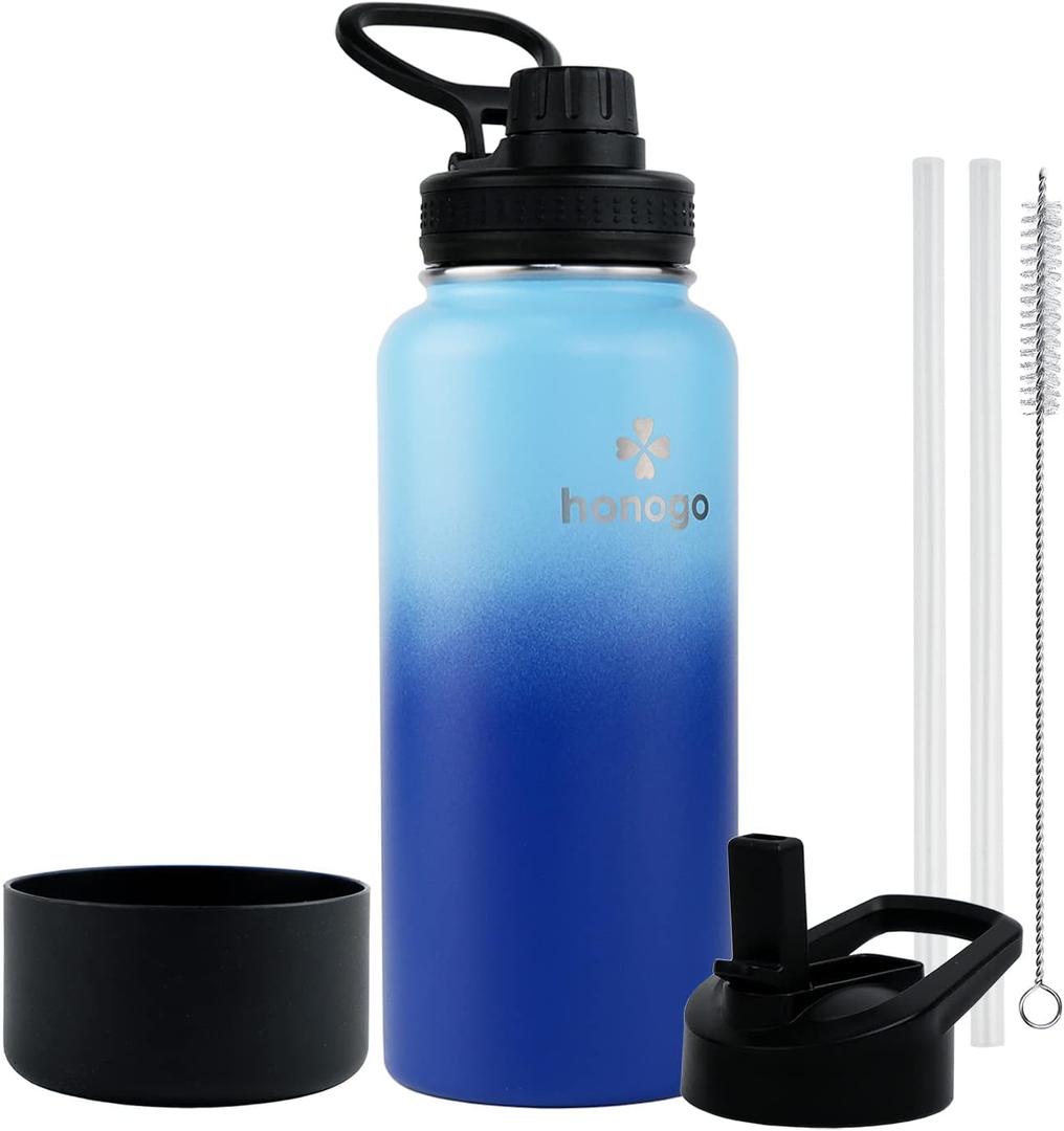 32 oz Powder Coated Double Wall Vacuum Insulated Sports Water Bottle, 18/8 Stainless Steel Wide Mouth Thermal Flask with Straw Lid & Spout Lid, Leak Proof, BPA Free (Blue Navy 32 oz)