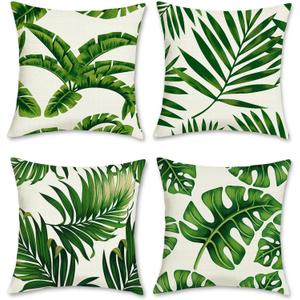 Bonhause Tropical Leaves Throw Pillow Covers 18 x 18 Inch Set of 4 Green Palm Leaf Decorative Pillow Cases Polyester Linen Outdoor Cushion Covers for Sofa Couch Garden Home Decor