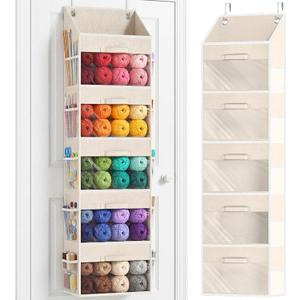 Ofiray-home Hanging Yarn Storage Organizer with 5 Drawers, Over the Door Large Capacity Knitting Organizer Storage&10 Mesh Side Pockets, Hanging Yarn Holder for Knitting Needles, Crochet Hooks- Beige