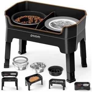 4-in-1 Elevated Slow Feeder Dog Bowls, 4 Height Adjustable Mess Proof Raised Dog Bowl Stand with No Spill Water Bowl, Stainless Steel Doggy Food Dish & Slow Feeder for Large Medium Small Pets