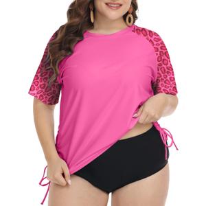 FOREYOND Plus Size Swim Tops Women Short Sleeve Rash Guard Shirts UPF 50+ Sun Protection Swimwear Swim Suits (4X-Large Plus, Pink Leopard)