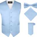 S.H. Churchill & Co. Men's 4 Piece Vest Set, with Bow Tie, Neck Tie & Pocket Hankie - Light Blue, Size M