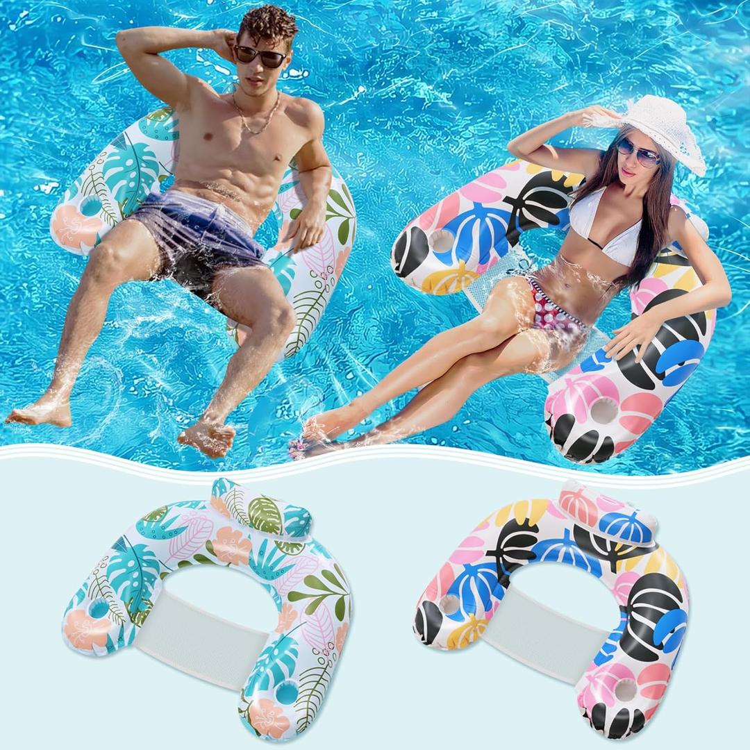 ANNIL2 Pack Adult Inflatable Pool Floats Chair, Water Leisure Inflatable Floating Chair,Drink Holder, Ergonomic Headrest,Pool Floaties for Adults Swimming Pool Party, Summer Water Fun (Green & Blue)